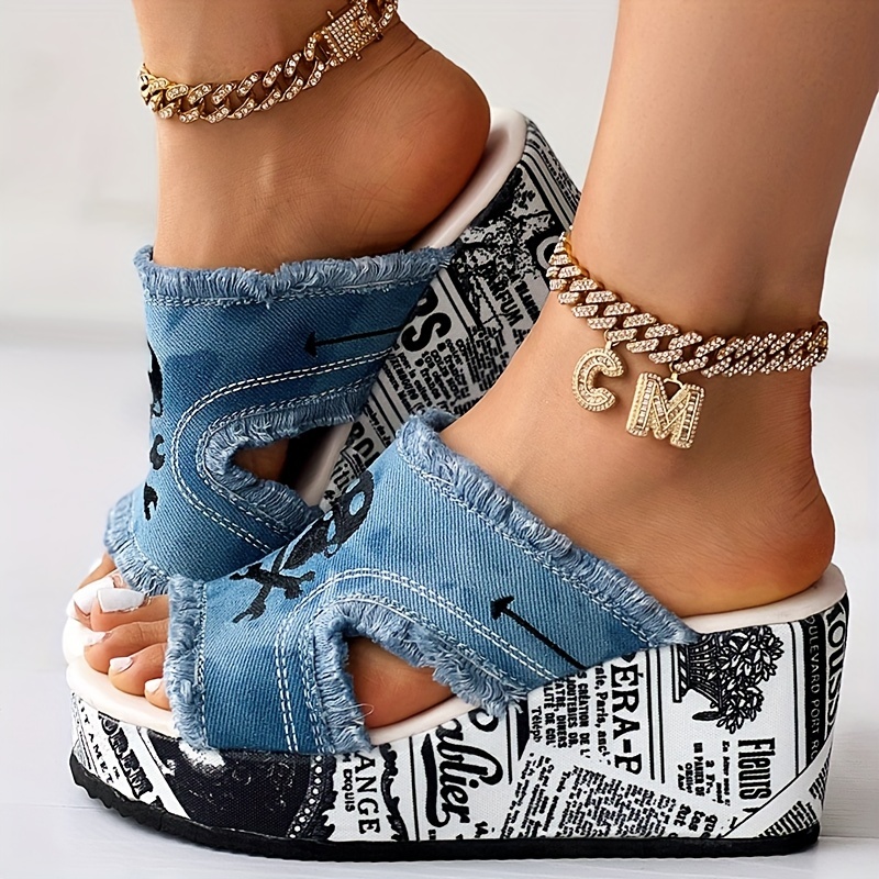 womens tassel denim letter design sandals slip on open toe wedges heel shoes casual summer shoes details 5