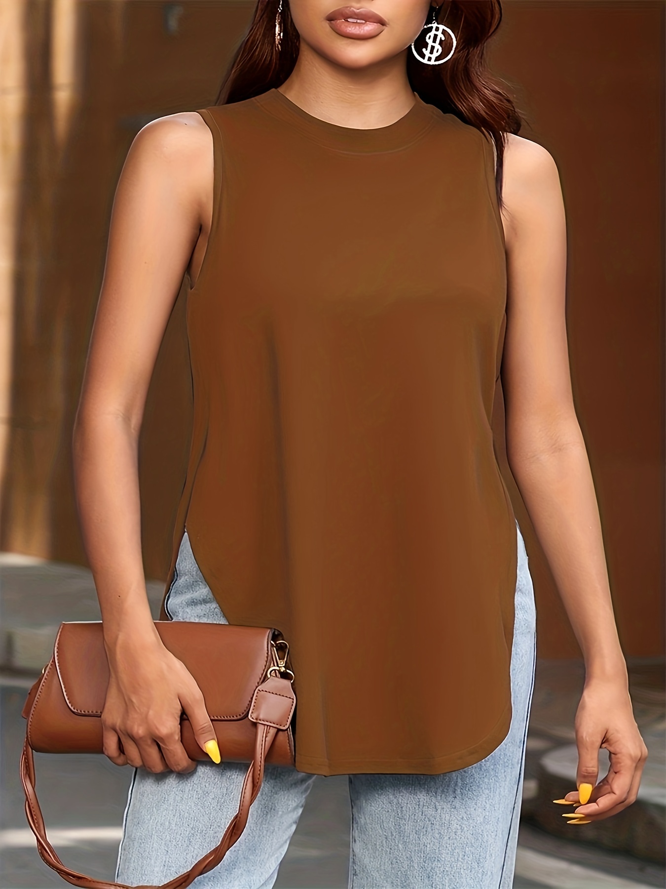 Solid Crew Neck Tank Top, Casual Sleeveless Split Top, Women's Clothing