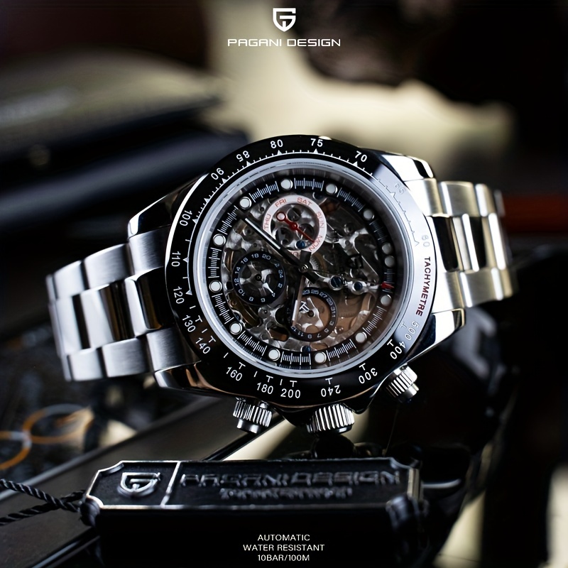 Design Mens Automatic Watches Waterproof Steel Skeleton Faux Diamond Rainbow  Automatic Mechanical Watch - Jewelry & Accessories - Temu