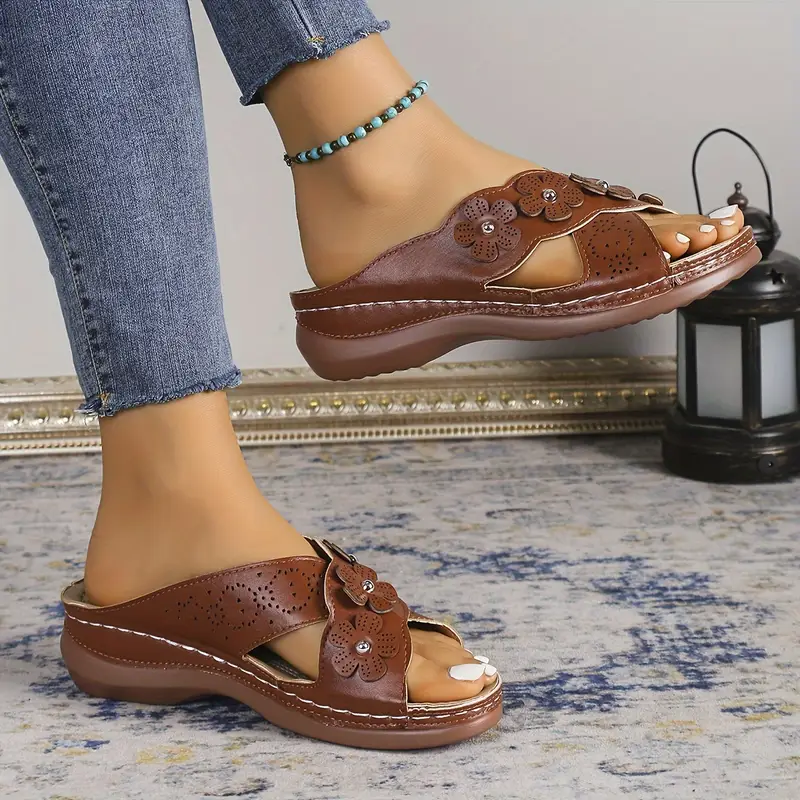 women s flower decor wedge heeled sandals casual open toe details 7