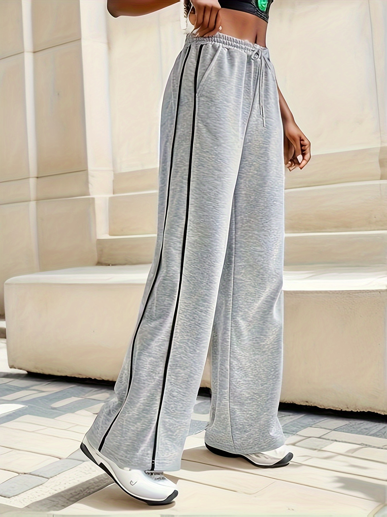 Plus Size Grey Track Pants High Rise Elastic Waist, You + All