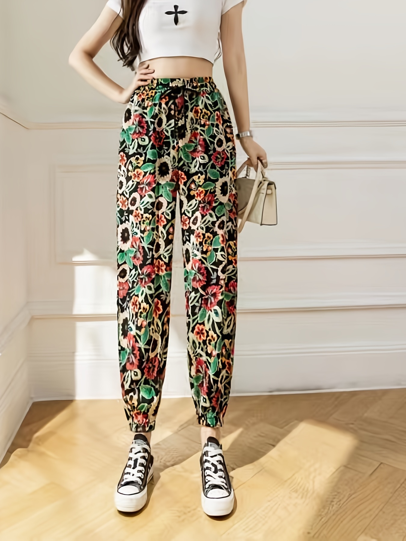 Floral Drawstring Bungee Pants Casual Comfortable Trousers - Temu