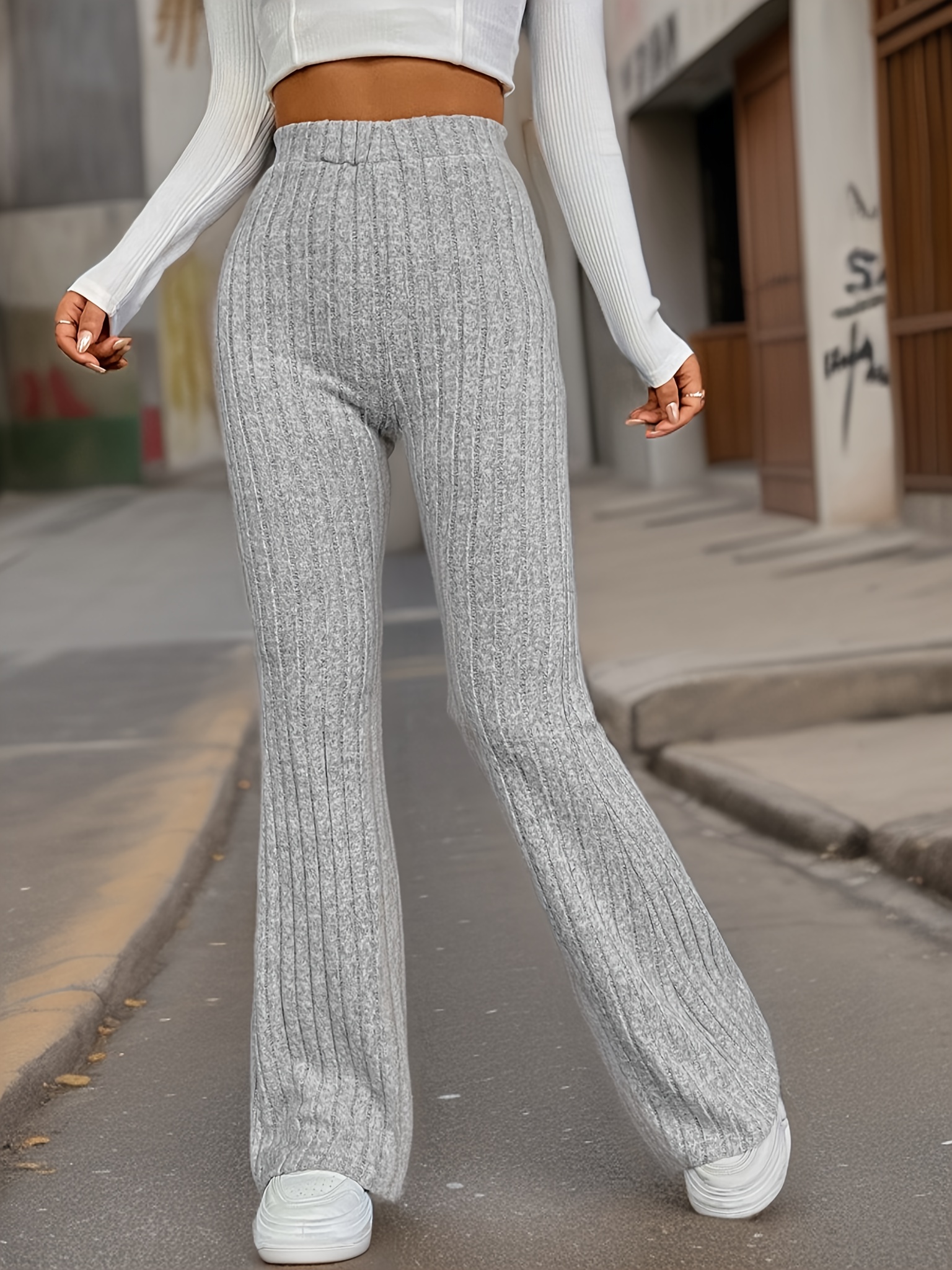 Solid Ribbed Flare Leg Pants Casual Pants Spring Fall - Temu