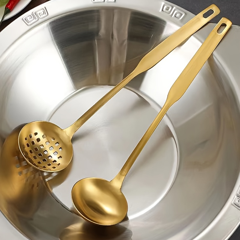 Commercial long handle hot pot spoon stainless steel soup spoon leaky spoon  golden two in one