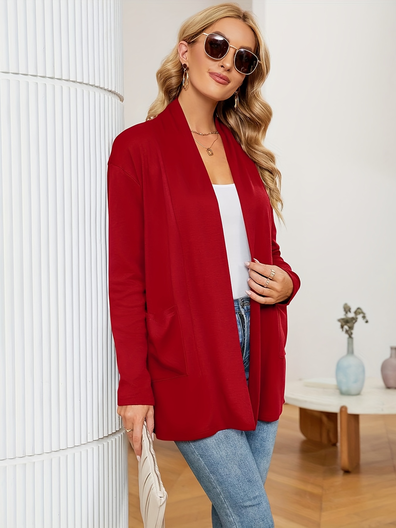 Long red cardigan on sale outfit