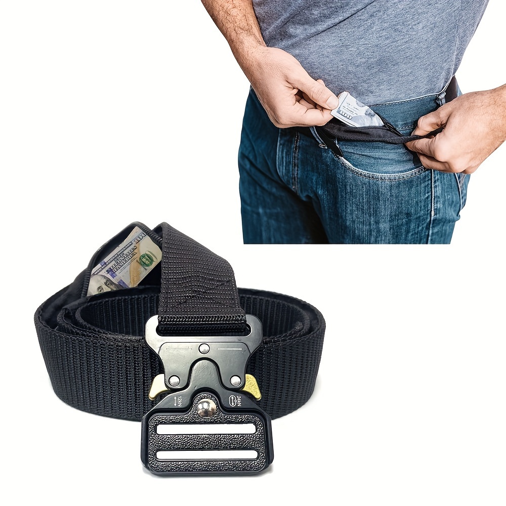 1pc  多機能アウトドアスポーツ男性用タクティカルベルト、マネーバッグ付き、プラスチックバックルキャンバスベルト、隠しポケット付きトラベルベルト、ギフトに最適