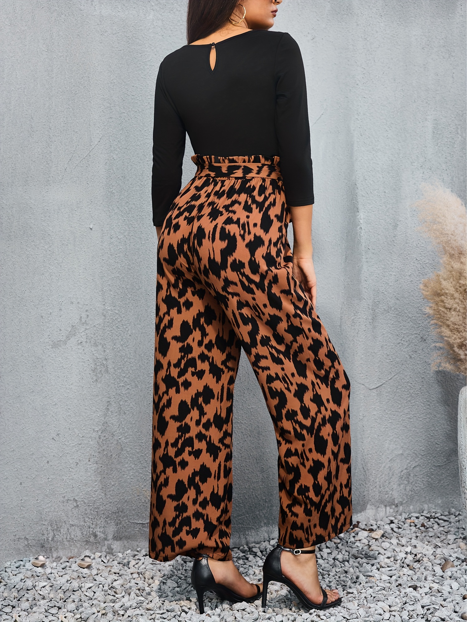 Leopard Print Splicing Jumpsuit Casual 3/4 Sleeve Wide Leg - Temu Canada