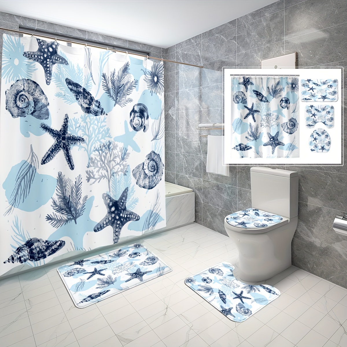 Ocean Starfish Shell Shower Curtain Set Decorative Bathroom - Temu