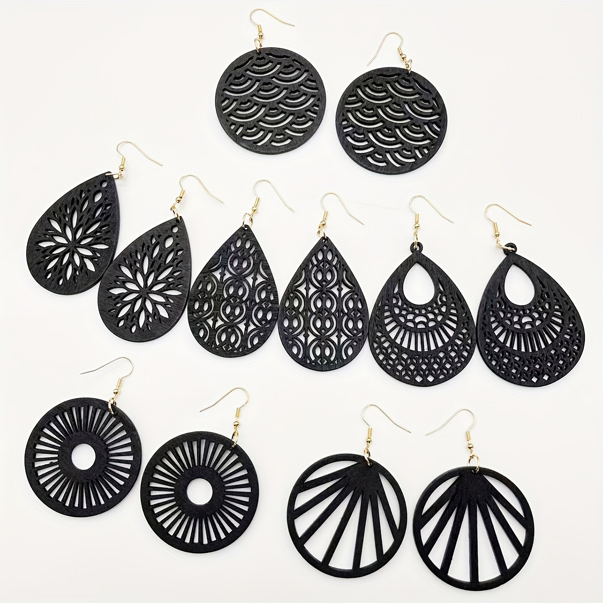 6 Pairs/1 Set Of Ultra-lightweight Wooden Hollow-pattern Pendant Earrings