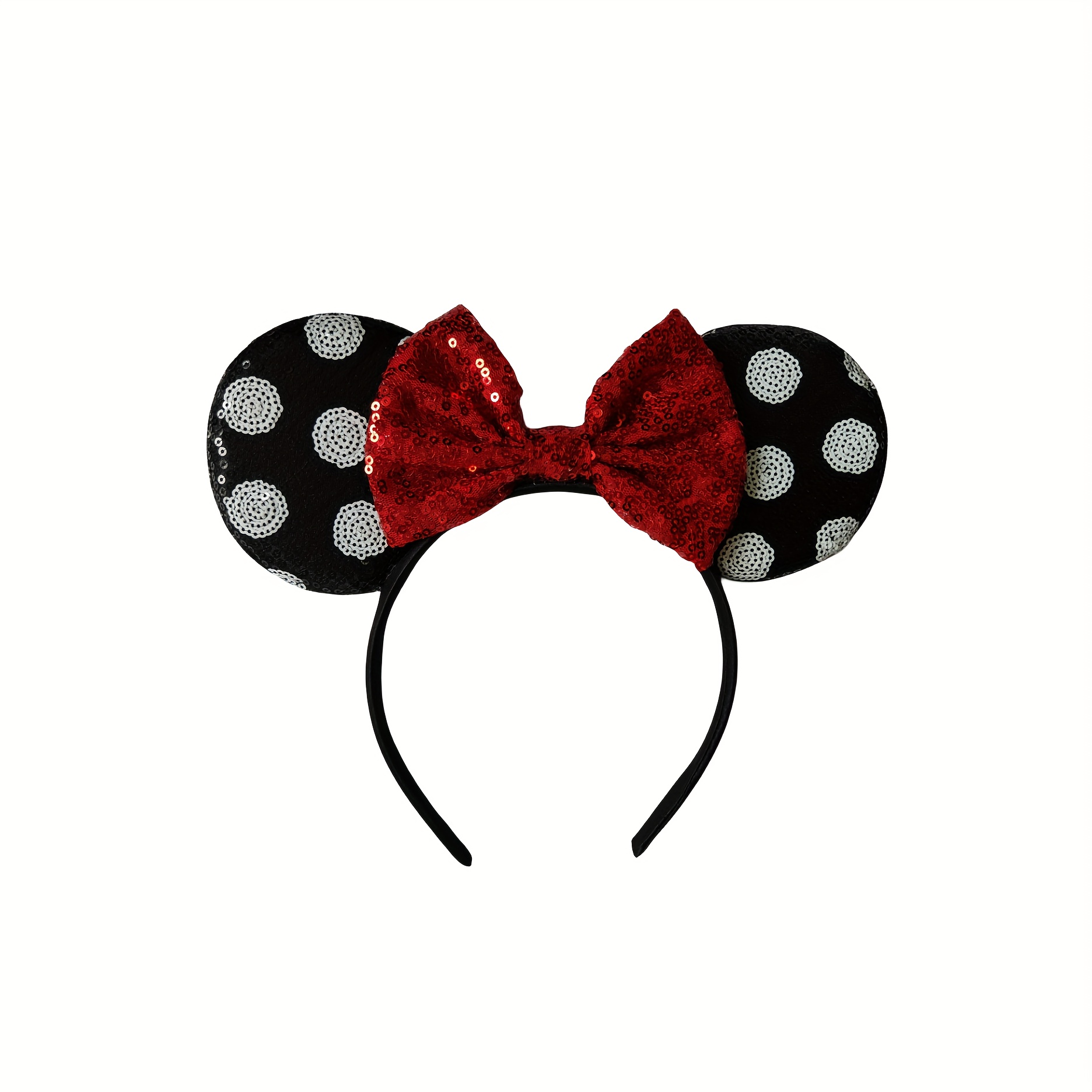 Disney Parks Sequin Minnie Mouse Ears Headband Black White Polka Dot Red Bow