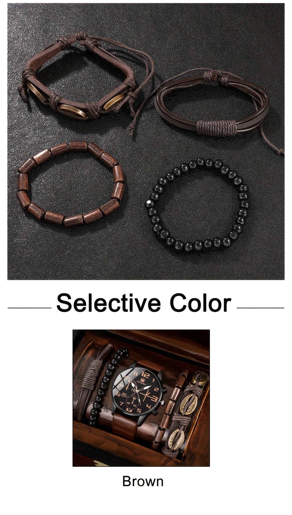 5pcs mens fashion quartz watch bracelet set   zinc alloy case   leather strap details 6