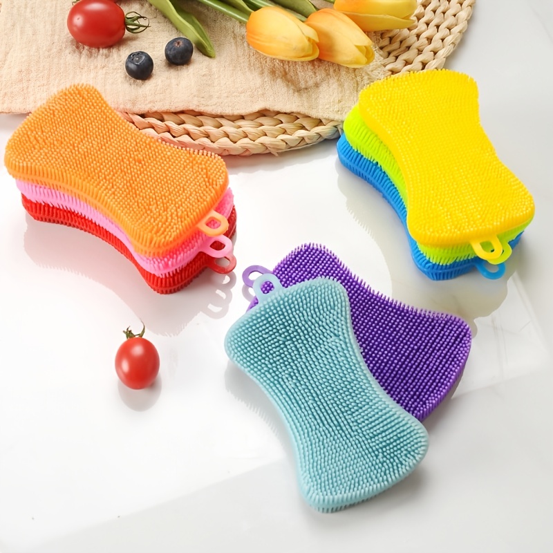 6Pcs Soft Silicone Scouring Pad Washing Sponge Reusable Kitchen Cleaning  Dishwashing Brush Fruit Vegetable Brushes Table Mat