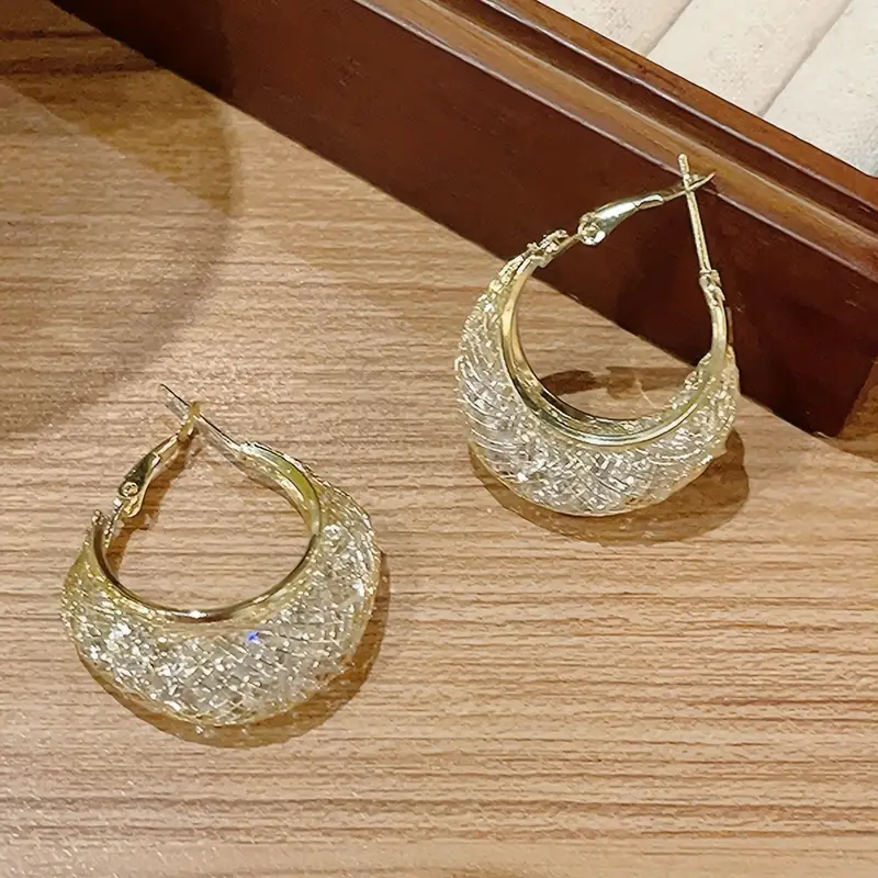 golden mesh design with shiny zircon decor hoop earrings elegant style zinc alloy jewelry daily wear accessories details 0