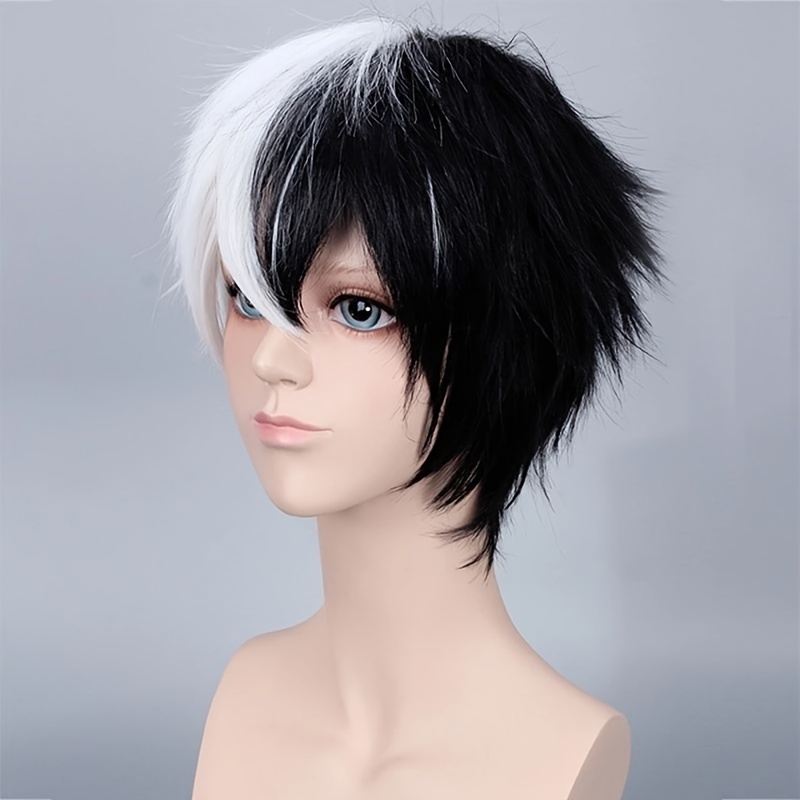 1pc Cosplay Wig Mens Short White Black Synthetic Hair Wig