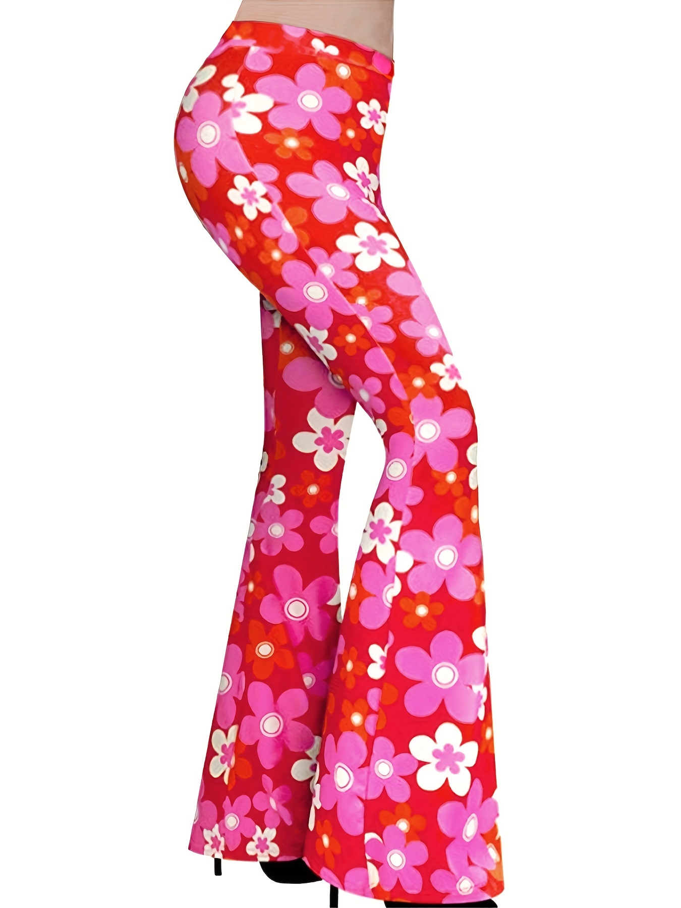 Floral Print Flare Leg Pants, Casual High Waist Elastic Pants For Spring &  Fall, Women's Clothing