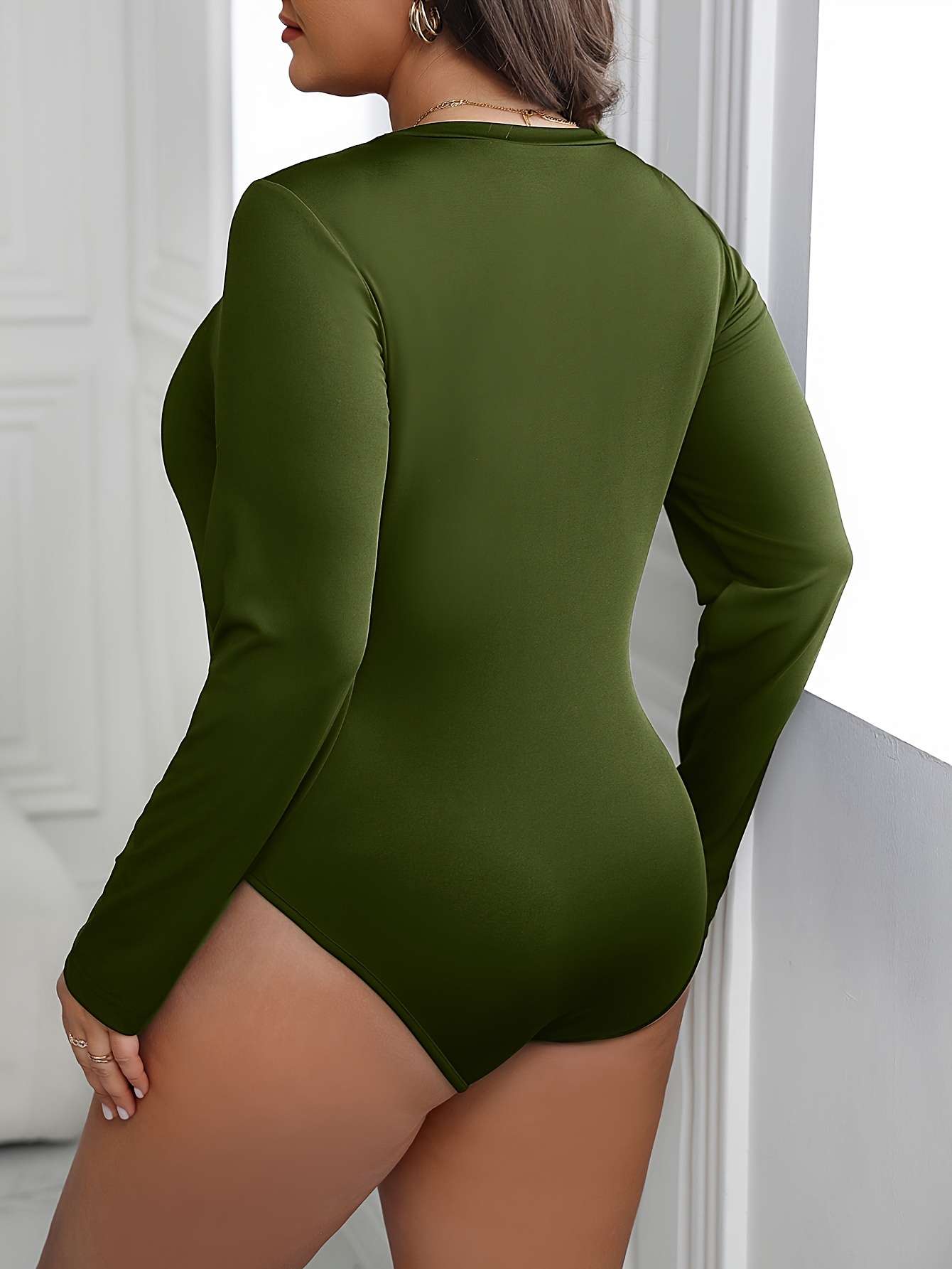 Plus Size Sexy Bodysuit Women's Plus Solid Long Sleeve Round - Temu