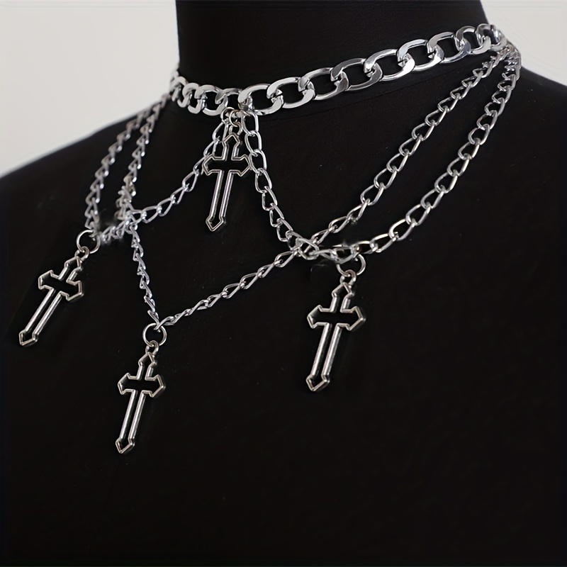 

1pc Gothic Trendy Hip-hop Geometric Multi-layer Cross Currency Shaped Necklace, Collarbone Chain For Men And Women