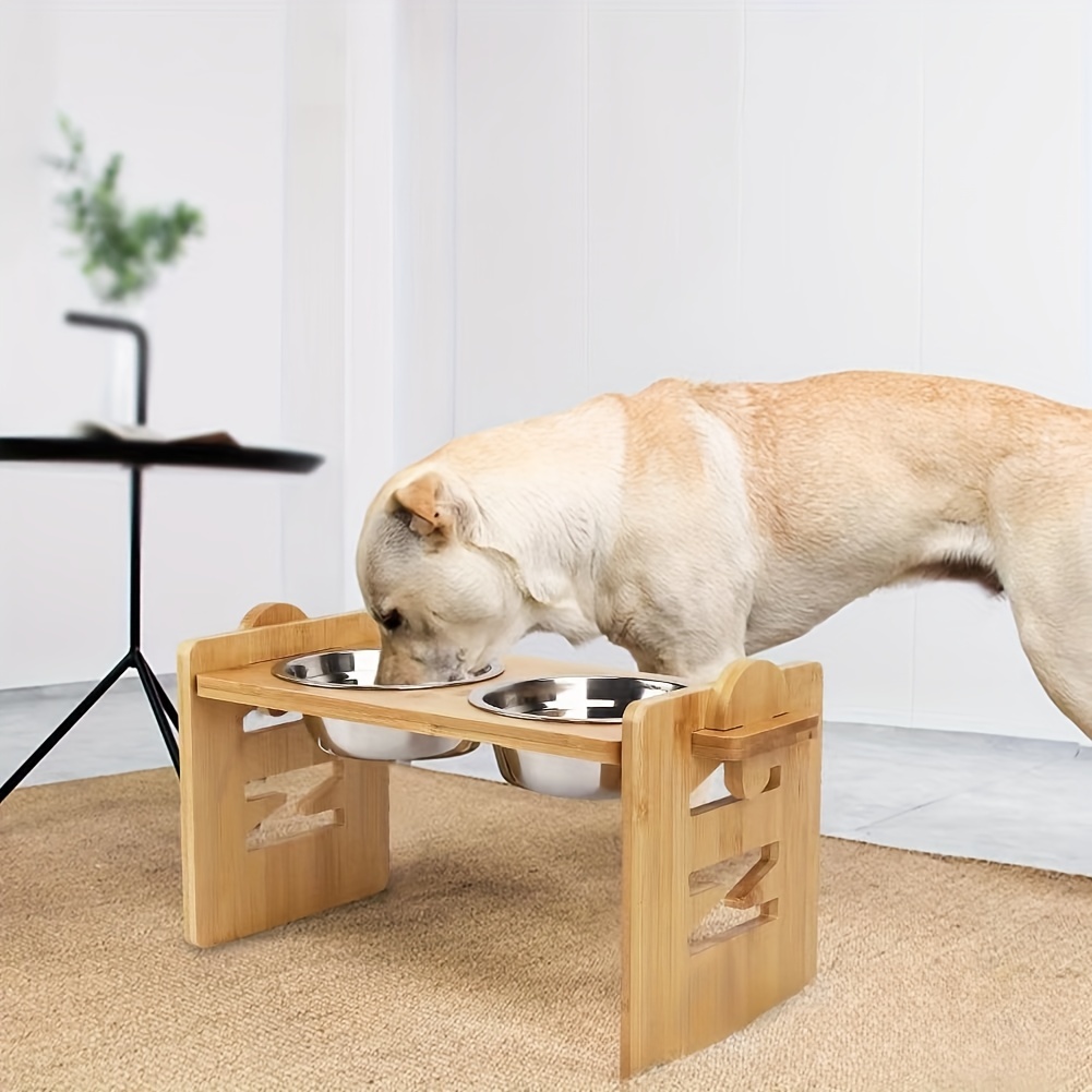 Elevated Wooden Dog Bowl Stand With 2 Stainless Steel Dog Bowls, 4 Heights Adjustable  Dog Feeder Stand With Food And Water Bowls For Neck Protection - Temu