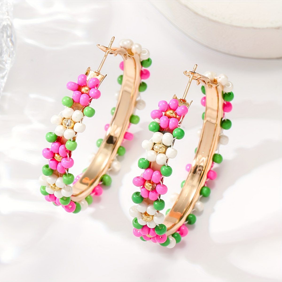 

Flower Pattern Colorful Beaded Hoop Earrings Bohemian Vacation Style Trendy Holiday Ear Ornaments