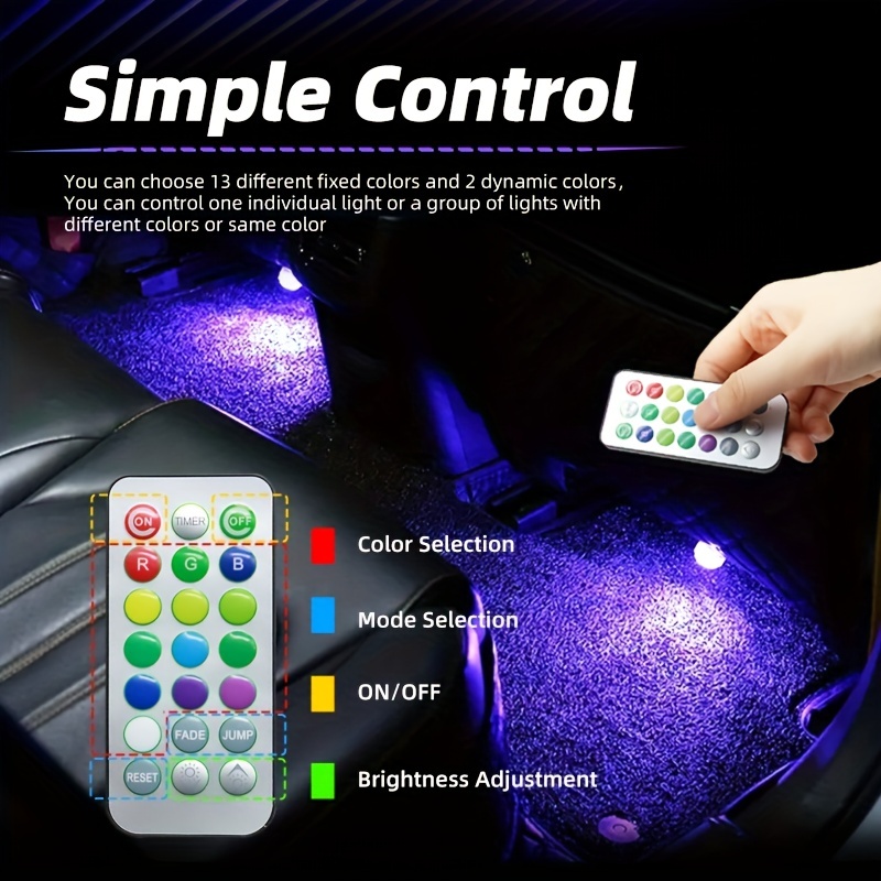 8 Lamps 1 Controller Wireless Adhesive LED Car Interior Ambient Light Remote  Control Decoration Auto Roof Foot Atmosphere Lamp With Button Battery  Colorful