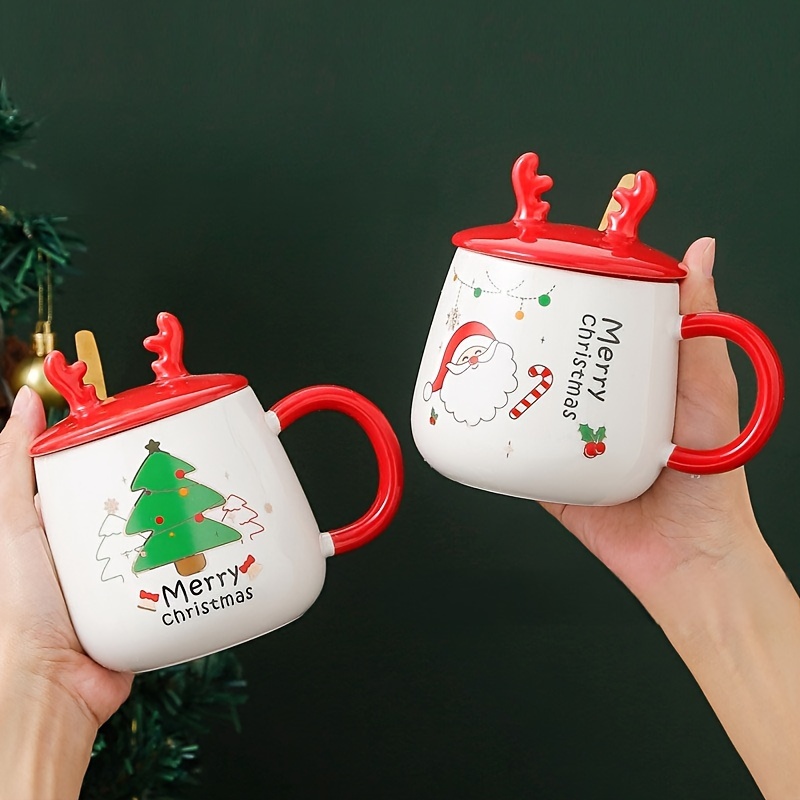 Christmas Ceramic Mugs, 380ml Reindeer Coffee Cups with Spoon