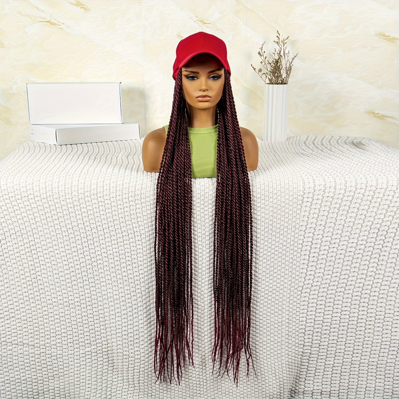 Long Braided Ombre Black Burgundy Highlight Synthetic Adjustable Baseball  Cap Wig Box Braiding Braids Hair Extensions