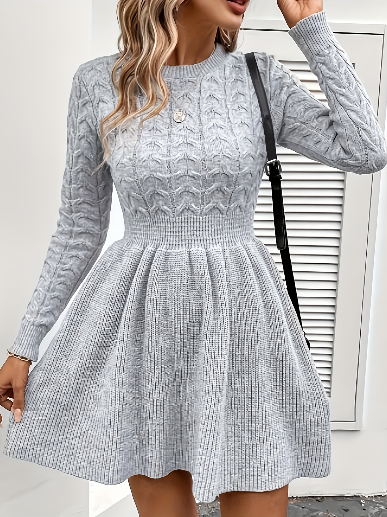 solid cable knit shirred waist dress elegant ruffle hem long - Temu  Australia