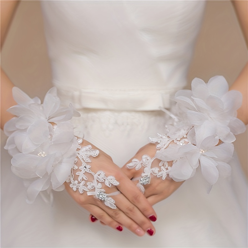 

Wedding Bridal Gloves Short Flower Decorated Hook Finger Gloves Tie Dye Gloves Wedding Party Evening Gloves (red, White)
