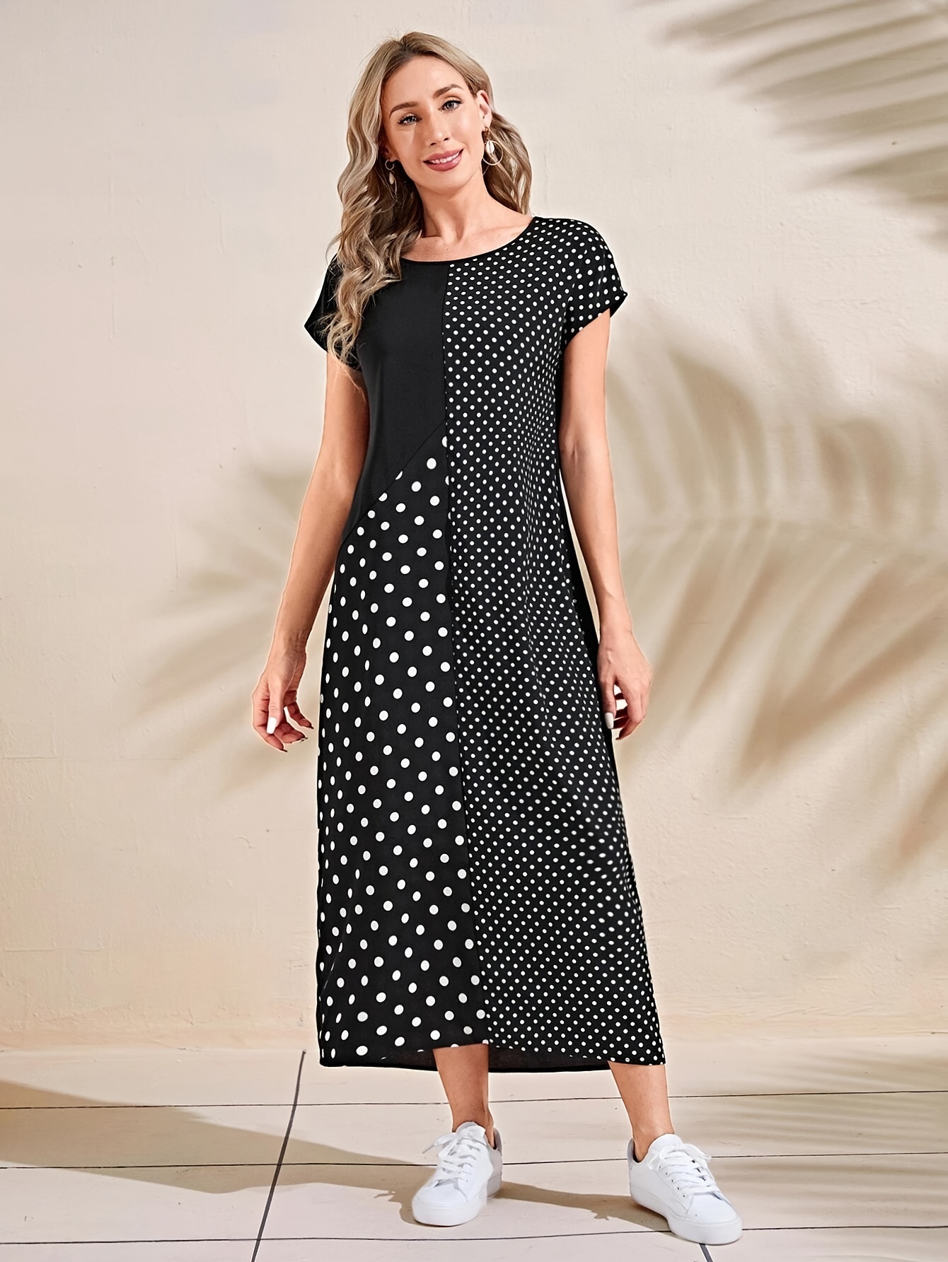 Polka Dot Crew Neck Dress Casual Short Sleeve Comfy Dress Temu