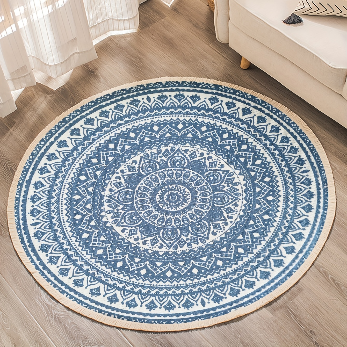 Boho Round Area Rug Vintage Non Slip Throw Floor Mat Handwoven Tassel