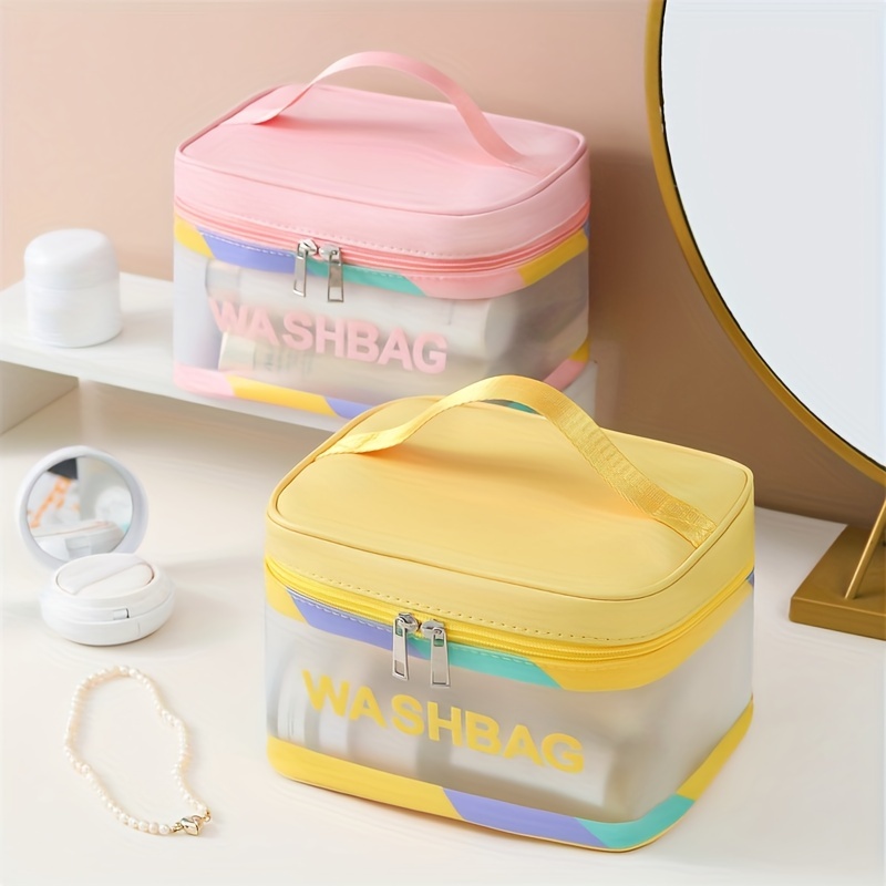 

Portable Color Block Pvc Cosmetic Bag, Travel Top Handle Zipper Wash Bag, Letter Print Large Capacity Makeup Storage Bag