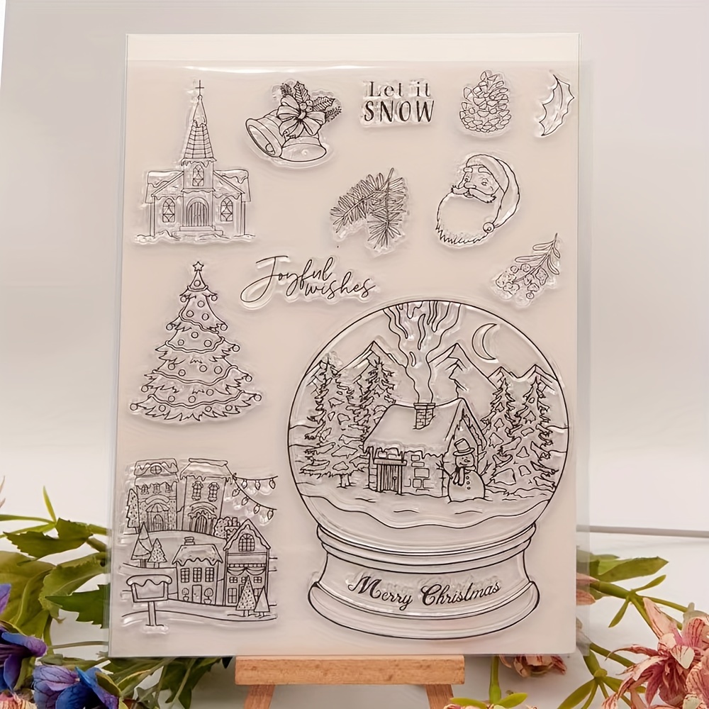 Christmas Greeting Words Clear Stamps for Card Making and Photo Album Decorations, Bell Snowflake Transparent Rubber Stamps Seal for Scrapbooking