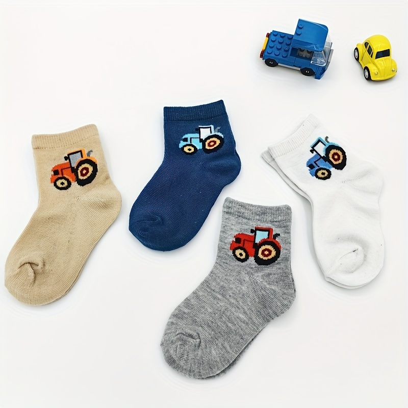 6 Pairs/3 Pairs Boys' Youngsters Cartoon Tractor Pattern Cute Socks, Breathable Comfort Crew Socks, 1-6 Years Fashion Socks