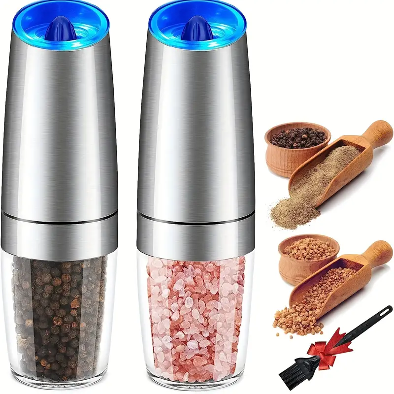 Gravity Electric Pepper Grinder, Salt and Pepper Mill & Adjustable  Coarseness, Battery Powered with LED Light, One Hand Automatic Operation,  Stainless Steel (2pcs / Silver) 