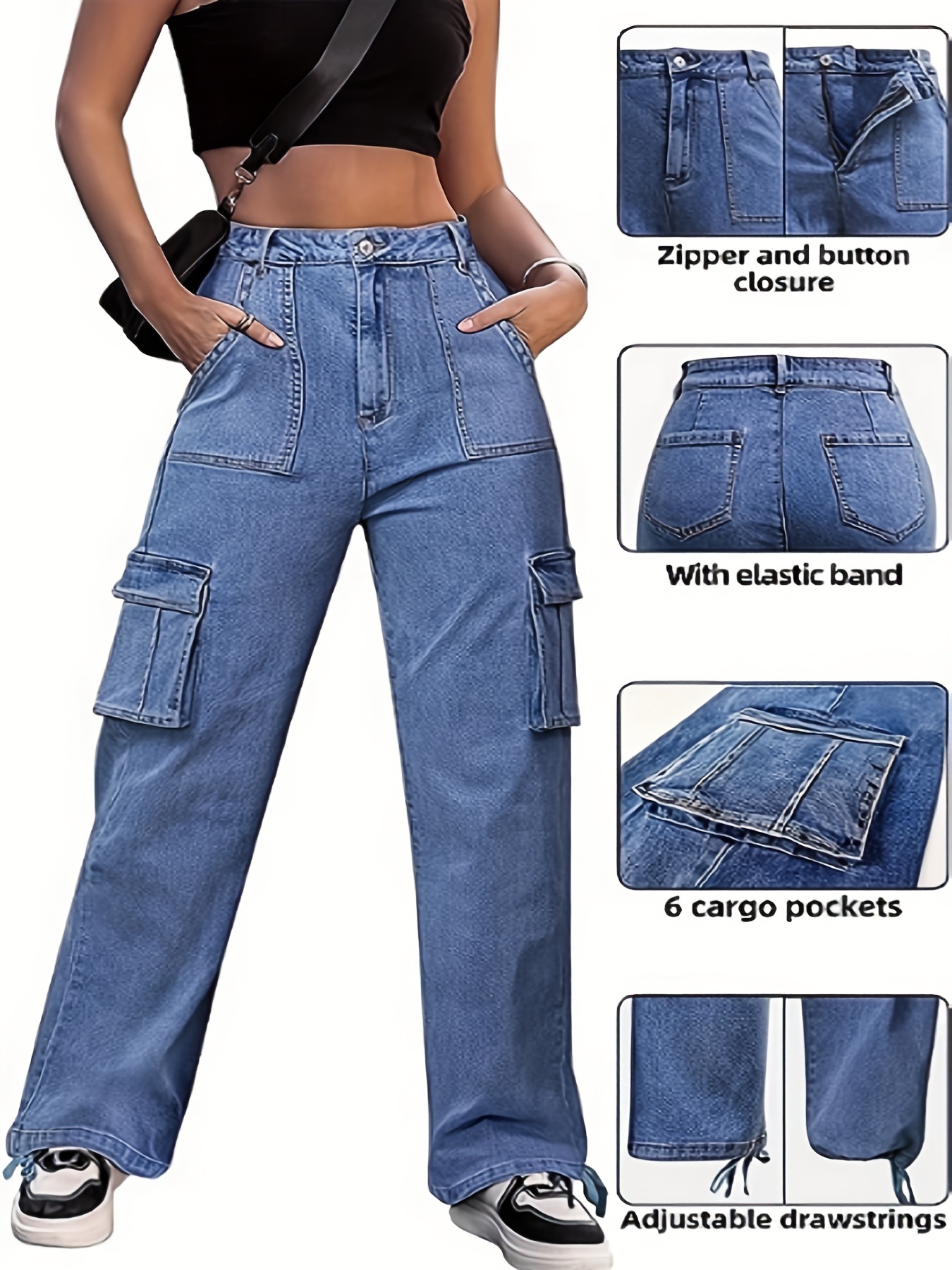 Womens Denim Low Rise Cargo Pocket Pants Baggy Wide Leg Drawstring Jean  Trousers