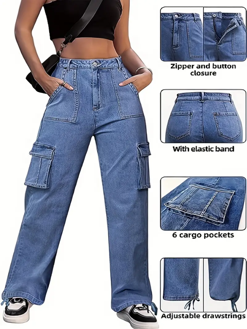 Blue Multi pockets Cargo Pants Loose Fit High Waist - Temu