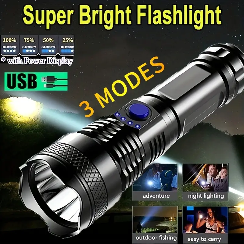 1pc Powerful LED Flashlight, 3 Modes USB Rechargeable Outdoor Bright Light,  Torch Portable Waterproof Light, Self Defense Camping Light