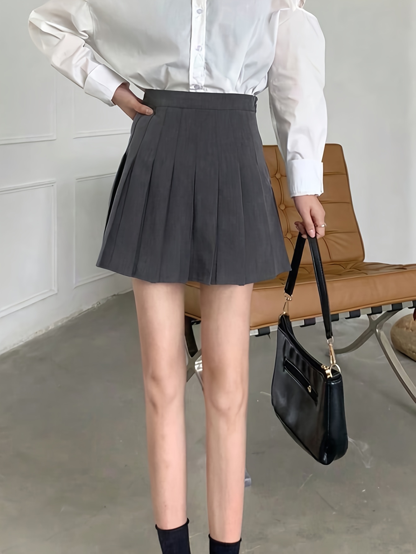 solid high waist pleated skirt preppy aline skirt spring Temu