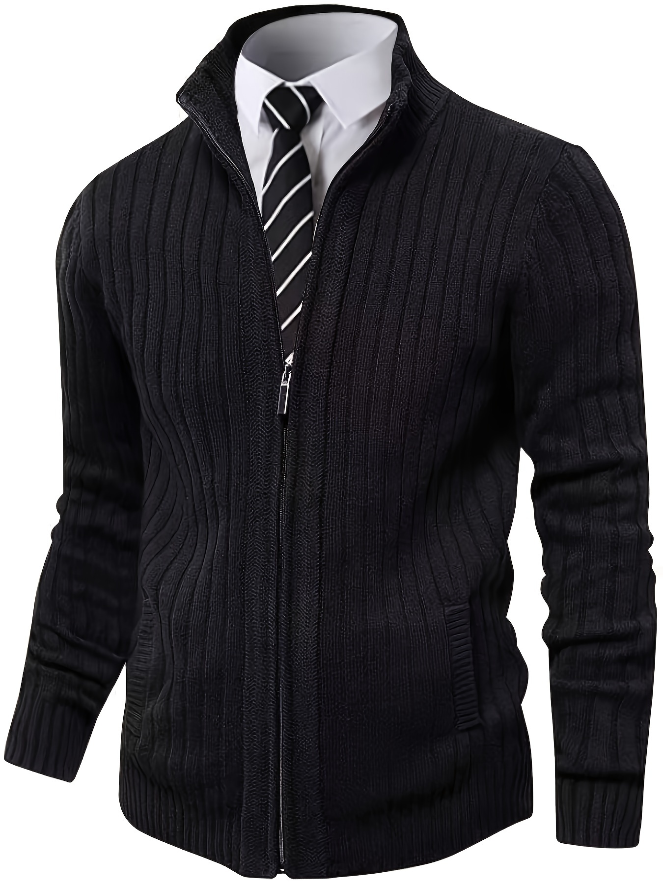 Plus Size Men's Sweater Solid Cable Knit Band Collar - Temu