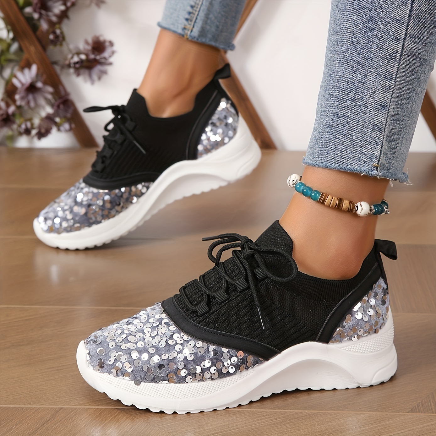 Womens Fashion Sequin Shoes Lace Up Casual Shoes Glisten Sneakers