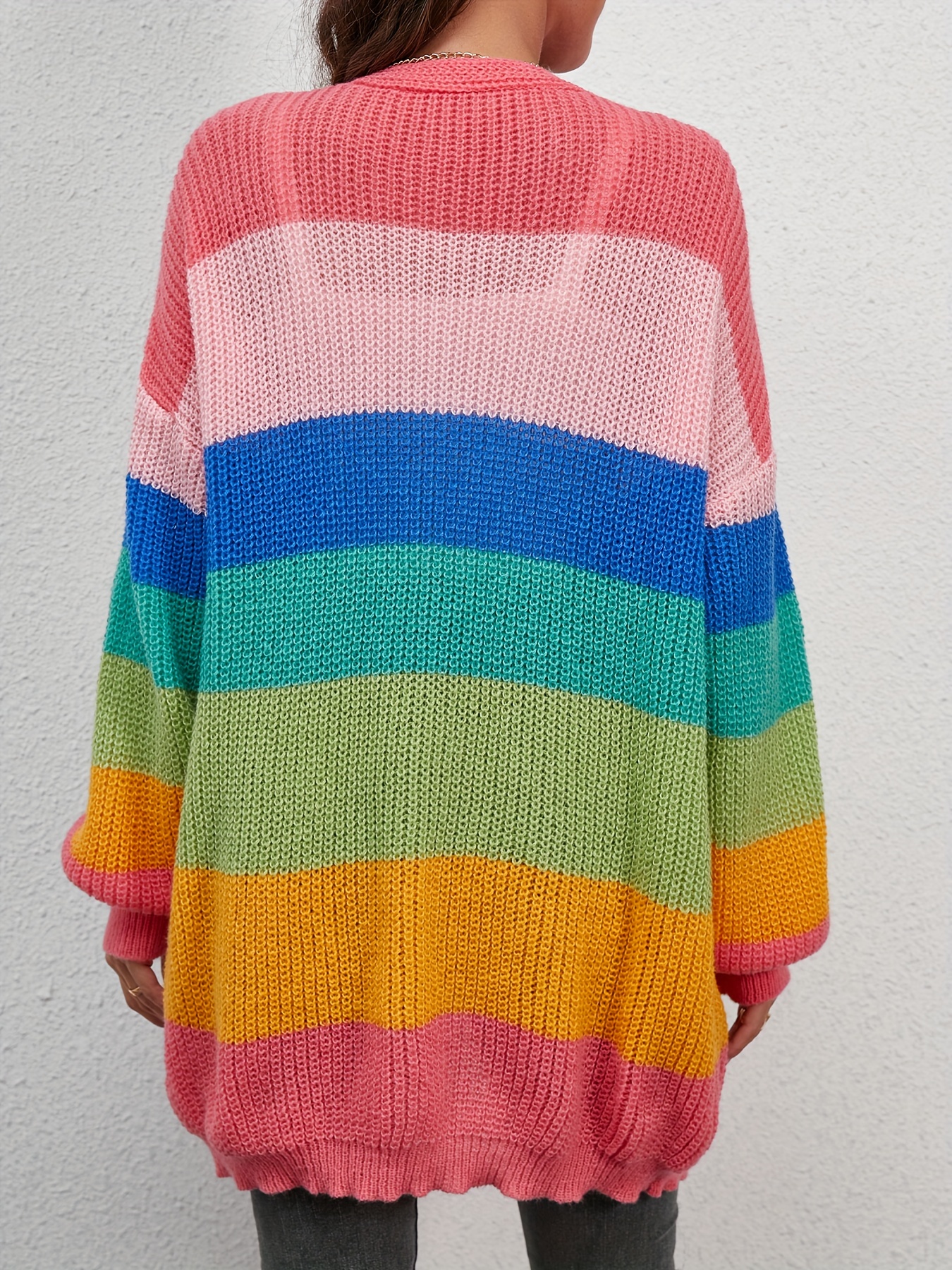 Rainbow Striped Print Knit Cardigan Casual V Neck Button Temu Canada