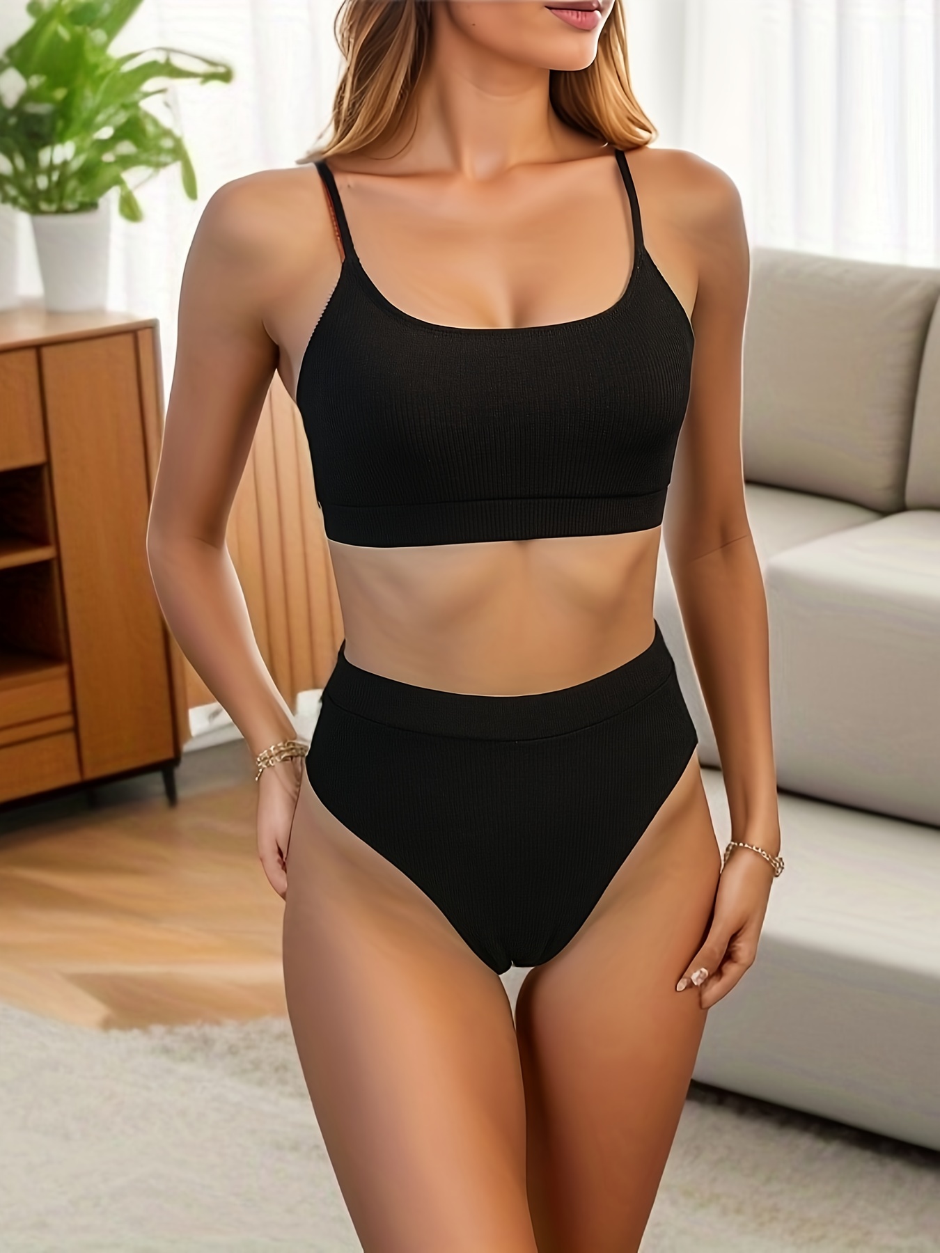 Plain Black Spaghetti Strap Bikini High Waisted Medium - Temu