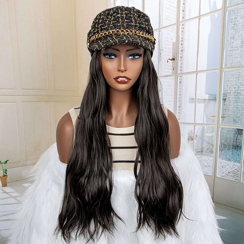 Baker Boy Cap With Synthetic Hair Extensions Water Wave Long Curly Hair  With Natural Colors | Shop The Latest Trends | Temu