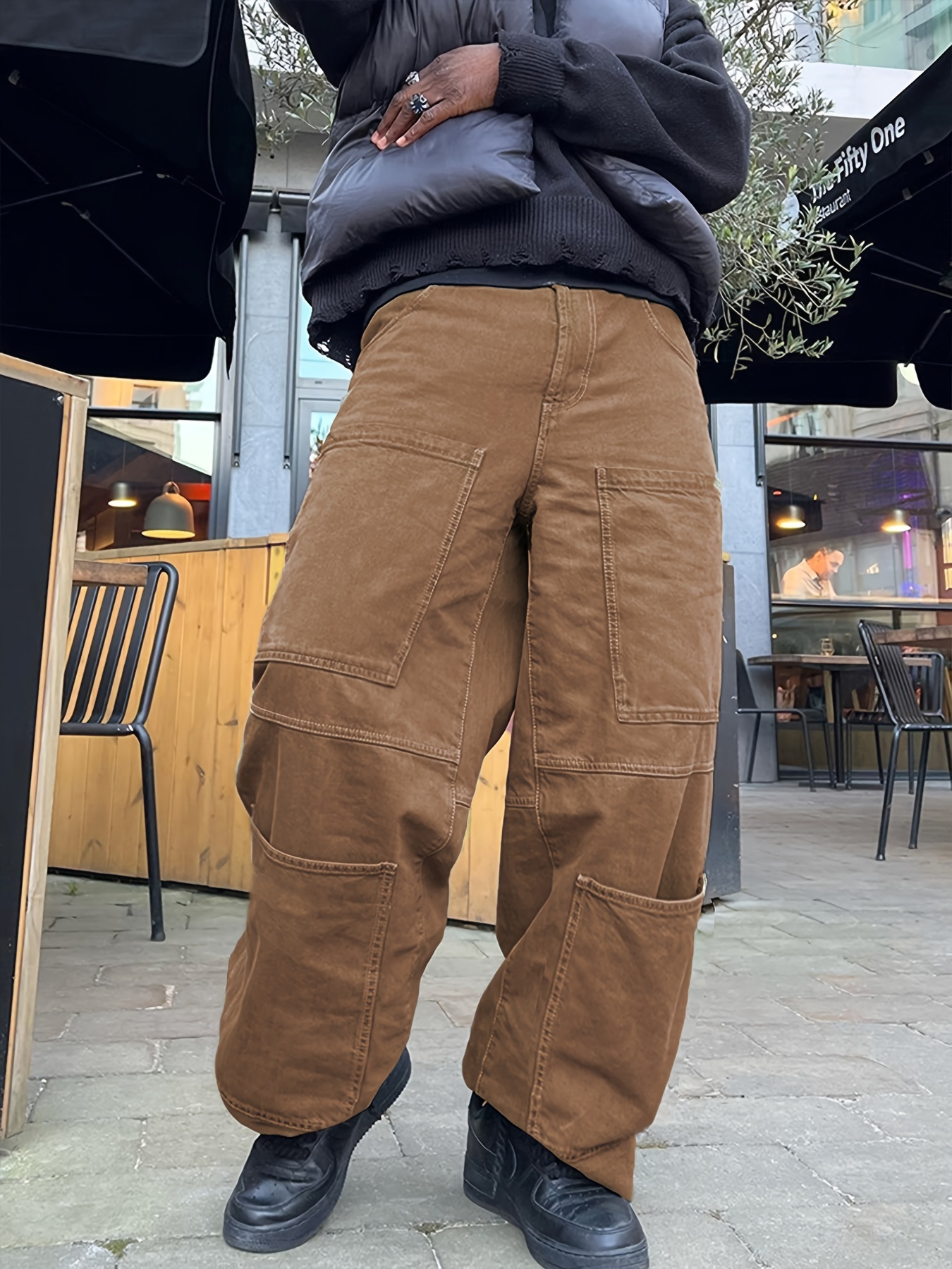 Retro Denim Men's Straight Leg Cargo Pants Loose Baggy Pants - Temu