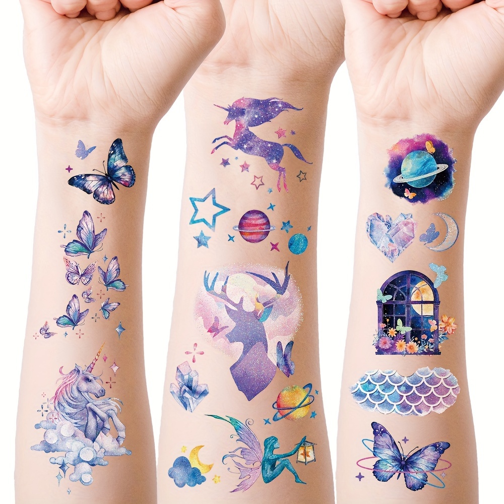 

12 Sheets Glitter Tattoo Stickers, Glitter Butterfly Flowers Stars Moon Mermaid Pattern Stickers, New Year Birthday Rave Party Gifts, Face Hand Back Body Skin Decors Waterproof Lasting 2-5 Days
