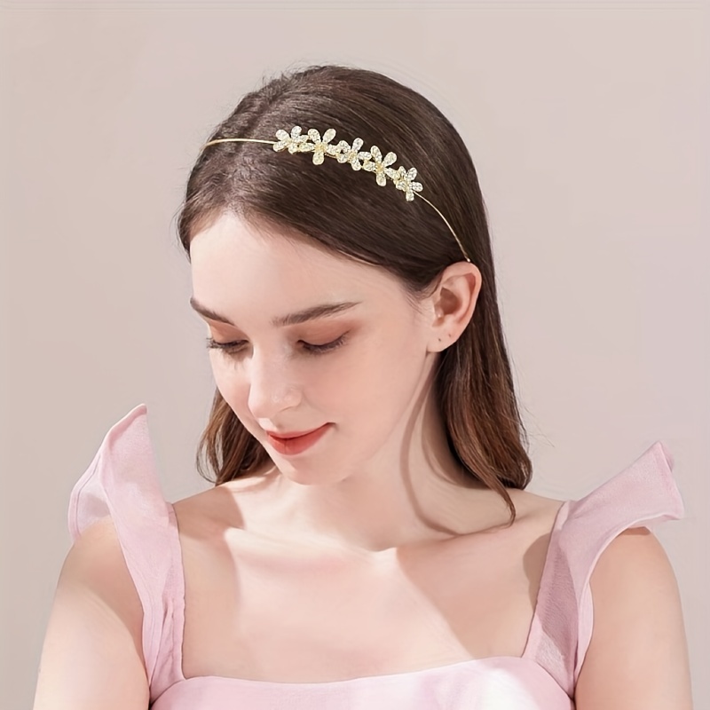 Elegant Fresh Shiny Rhinestone Golden Flower Headband Women - Temu