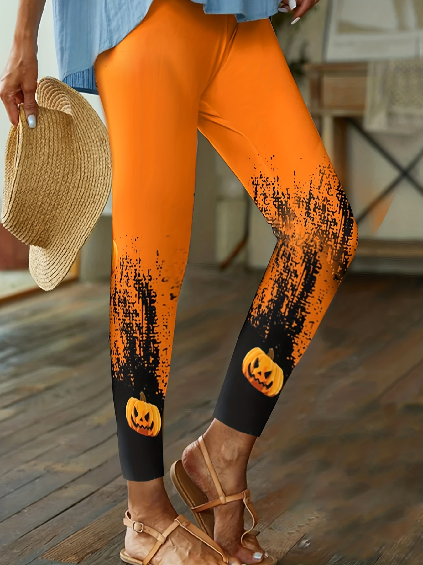 Festive Halloween Leggings with Jack O Lantern Print - Plus Size 3X