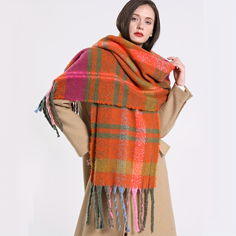 Trendy Striped Chunky Scarf on Fringe Thick Coldproof Plaid Large Scarves Classic Windproof Shawl for Women Autumn & Winter,Temu