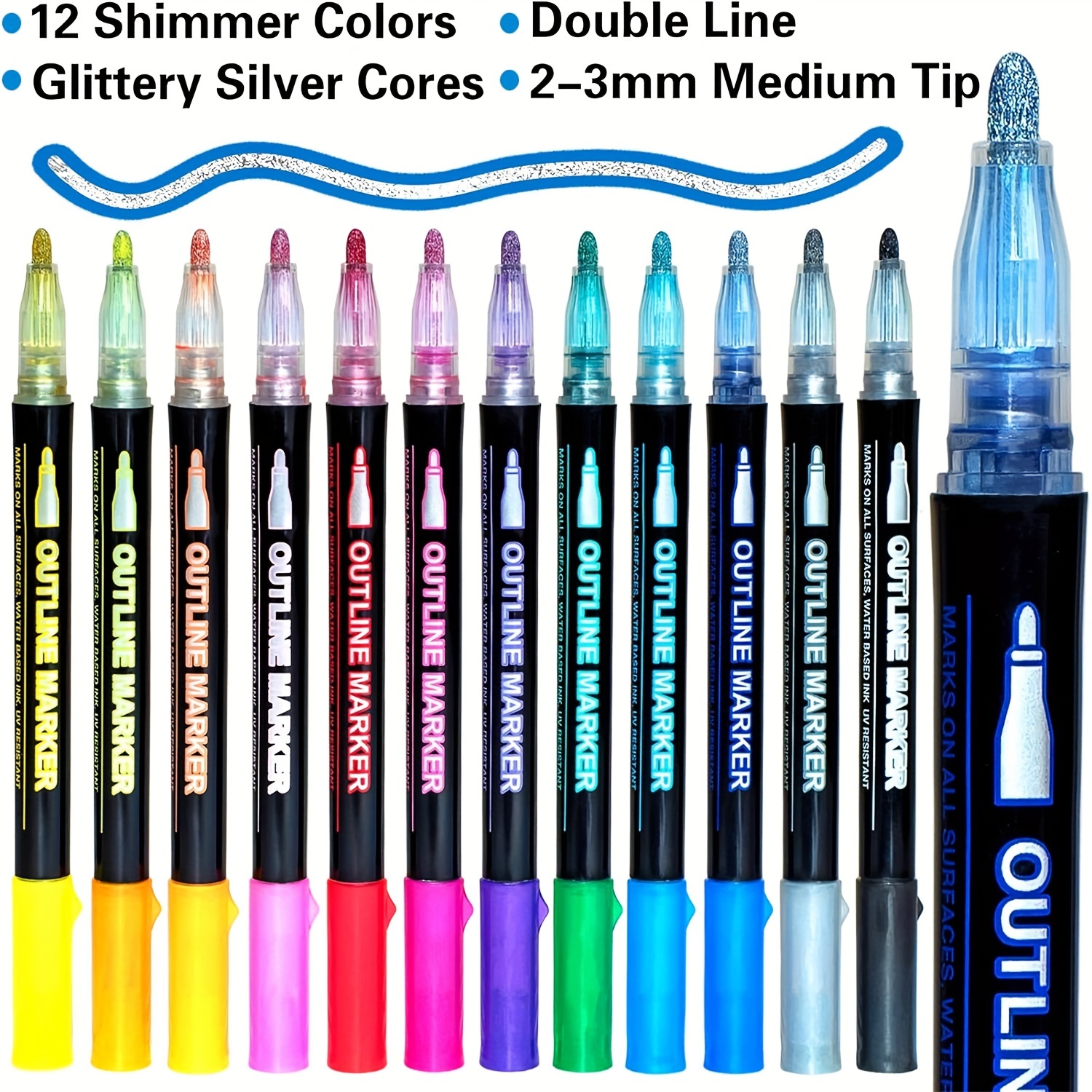 Shimmer Markers Doodle Outline Dazzles: 12 Colors Glitter Double Line  Metallic Pen Set Super Squiggles Sparkle Cool Fun Fancy Self Sparkly  Dazzlers