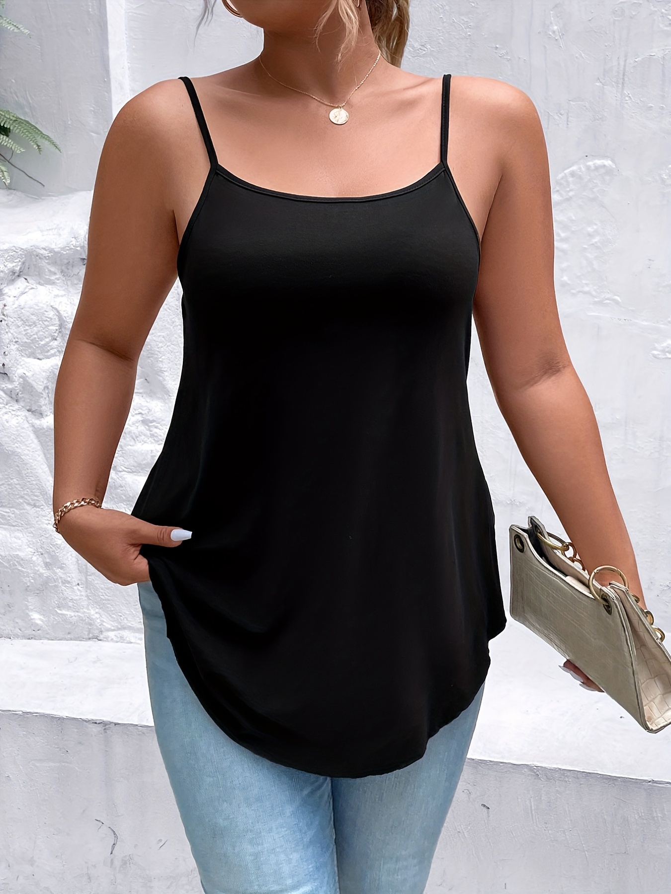 Plus Size Casual Cami Top Women's Plus Solid Backless Round - Temu